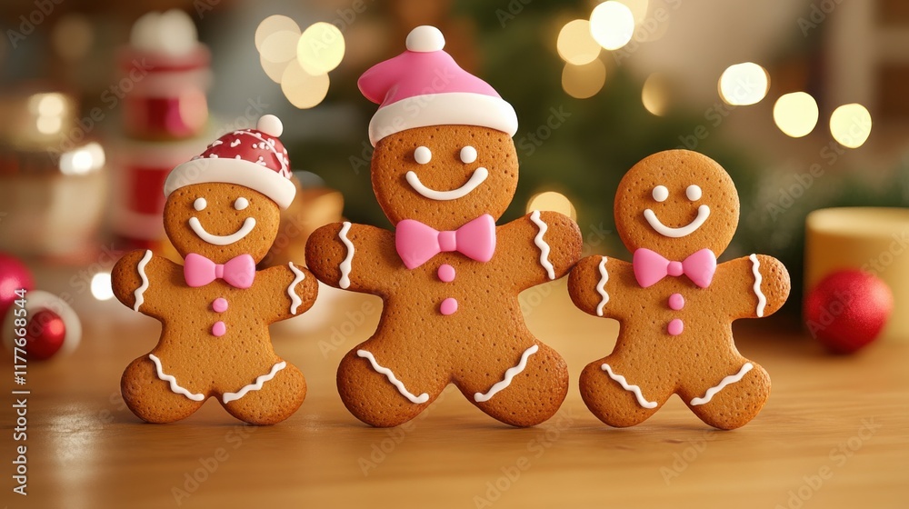 Brightly decorated gingerbread cookies stand together on a festive table surrounded by holiday decorations and warm lights during the Christmas season