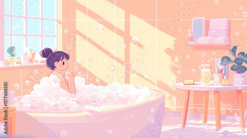 A girl enjoying a bath time in a bathtub