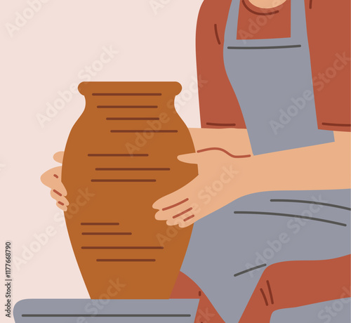 Illustration of a pottery master forming a vase from clay on a potter's wheel with his hands.
