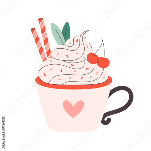 Holiday hot drinks with festive topping in cute mug. Creamy coffee, hot chocolate, hot cocoa. Perfect for celebration Valentine Day. Vector illustration in flat style