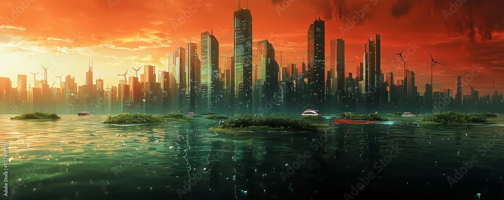 Fototapeta premium Futuristic Cityscape with Water Reflection and Dramatic Sunset