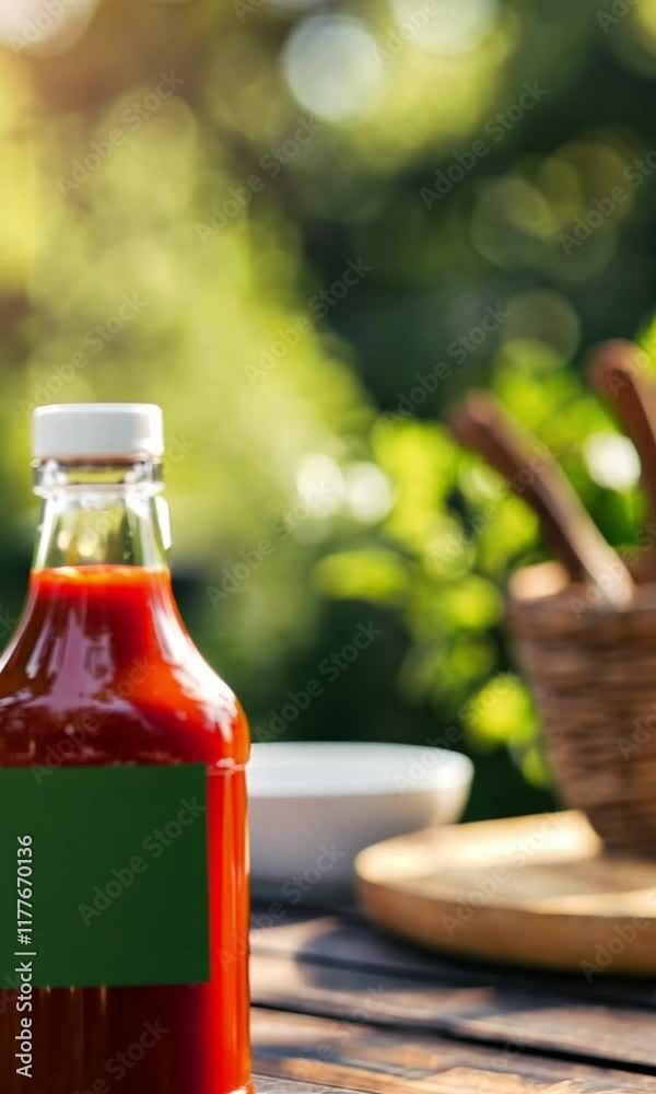A bottle of ketchup with a blank green label sits on a wooden table outdoors. A bottle of ketchup with a blank green label sits on a wooden table outdoors.