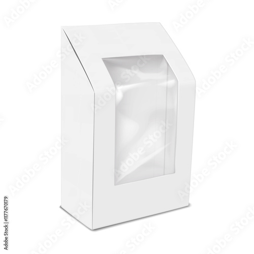 White blank paper box with clear plastic window to display product. 3d mockup. Transparent front empty paperboard container. Realistic vector mock-up. Takeout food carton packaging. Template