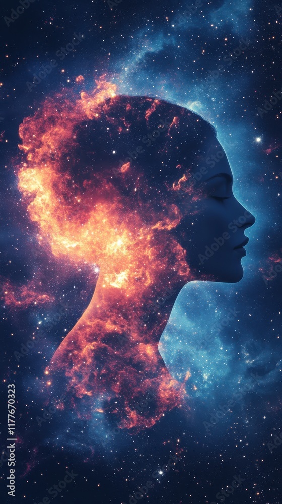 Fototapeta premium Surreal glowing representation of a woman amidst a cosmic backdrop during a dreamlike night