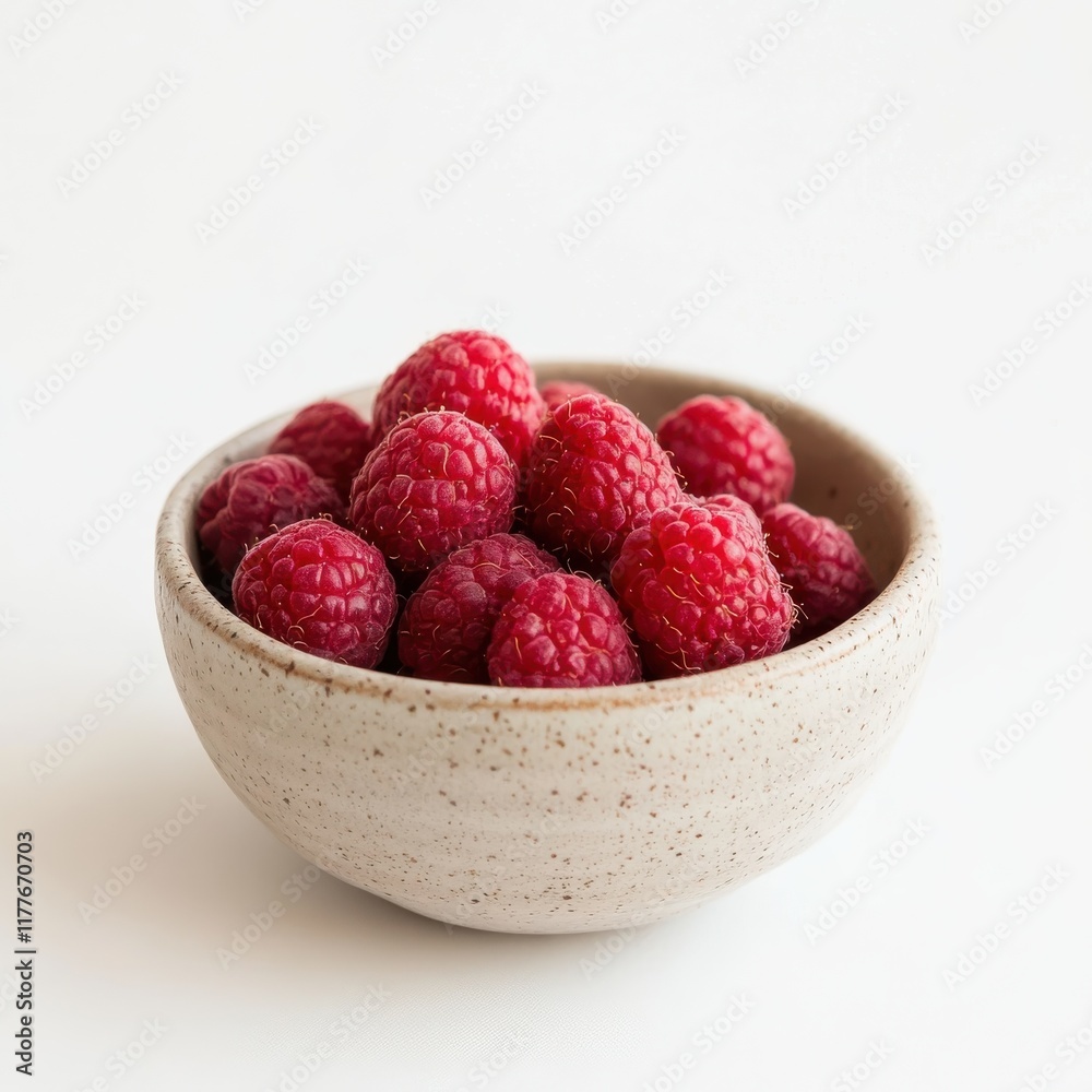 Small ceramic bowl filled with fresh raspberries arranged beautifully on a white surface Small ceramic bowl filled with fresh raspberries arranged beautifully on a white surface