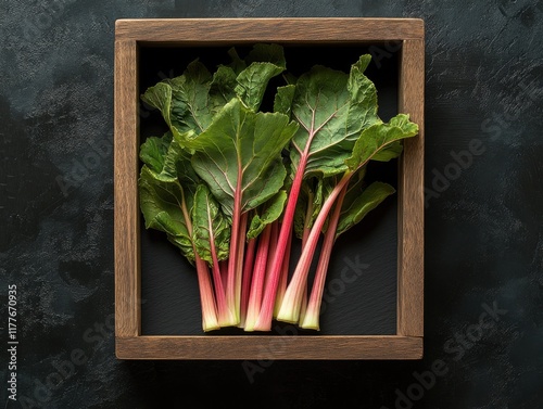 Fresh rhubarb stalks arranged in a wooden box on a dark background showcasing vibrant green leaves and reddish stems in natural light photo