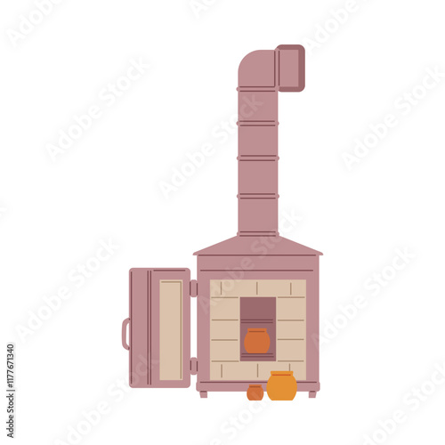 Vector illustration with a pottery oven and dishes reflecting ceramics made by craftsmen