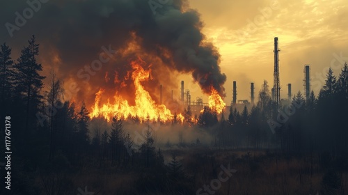 Forest Fire Threatens Industrial Area with Smoke and Flames