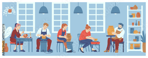 Illustration of an interior room where characters are in a pottery making class.