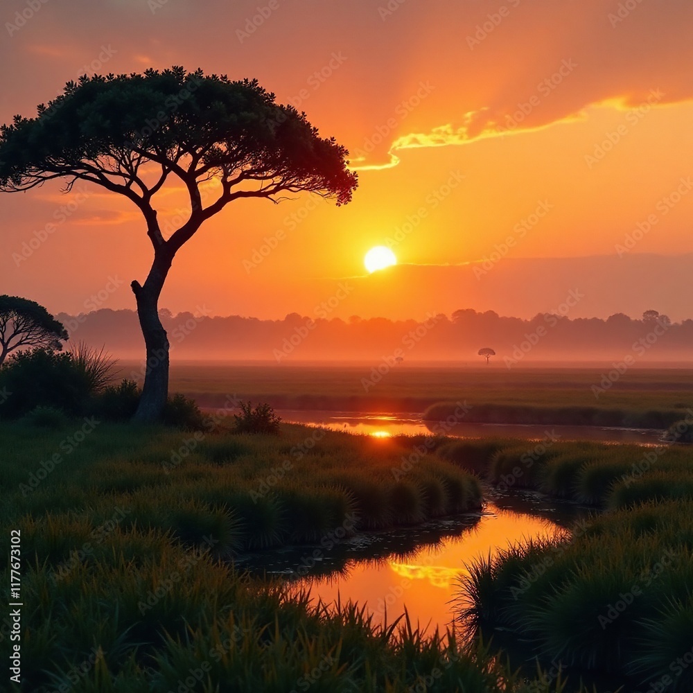 Obraz premium Savannah at dawn with sun rising over marshy landscape, golden hour, warm colors