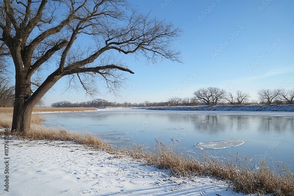 Winter River Scene: Serene Snowscape with Bare Tree and Frozen Water Winter River Scene: Serene Snowscape with Bare Tree and Frozen Water