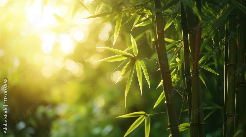 Fototapeta premium Serene bamboo plant illuminated by soft sunlight in a lush green setting for a tranquil nature concept