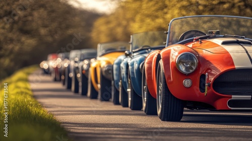 Colorful classic cars line the road in a vintage car rally during a sunny afternoon