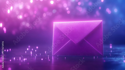 A vibrant purple envelope glows against colorful bokeh background, creating magical atmosphere