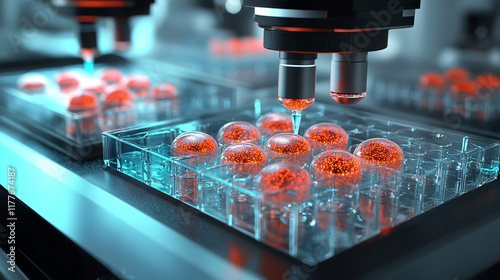 Microscope examining cultured cells in lab for in vitro drug testing