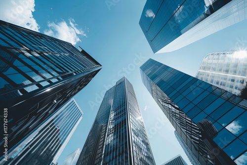 Low angle view of modern glass buildings reflecting the blue sky and white clouds above