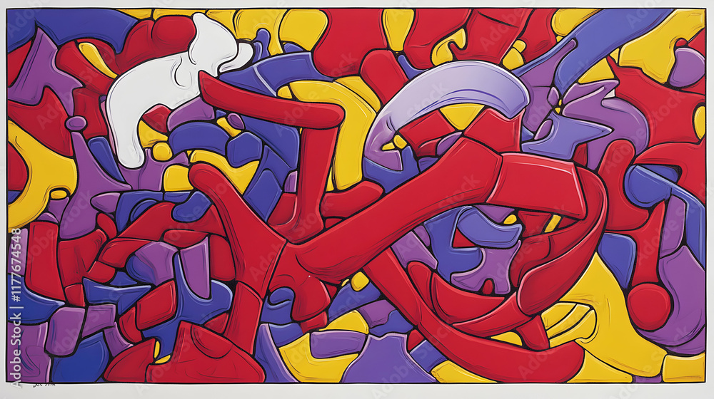 Fototapeta premium Vibrant abstract artwork featuring bold red, purple, and yellow shapes; a hidden white cat adds a playful touch to this modern, energetic design. Ideal for websites, print, and home décor.