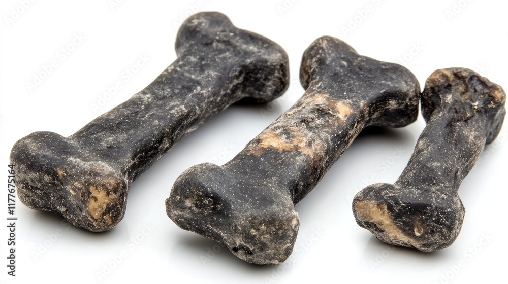 Black dog bone treats in various sizes displayed on a clean white background ideal for pet product promotions and advertisements Black dog bone treats in various sizes displayed on a clean white background ideal for pet product promotions and advertisements