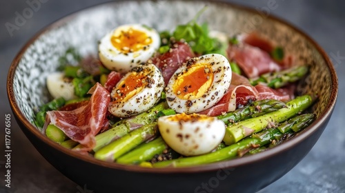 Wallpaper Mural Asparagus with quail eggs and prosciutto in a decorative bowl showcasing modern culinary presentation and vibrant colors Torontodigital.ca