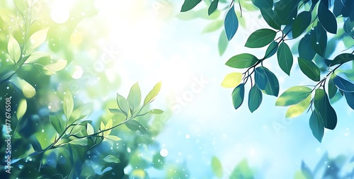 Abstract blurred spring background with green and blue pastel colors, bokeh effect