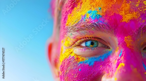 Vibrant Holi Celebration, a close-up of a joyful face adorned with colorful powders, capturing the spirit of unity and festivity.
