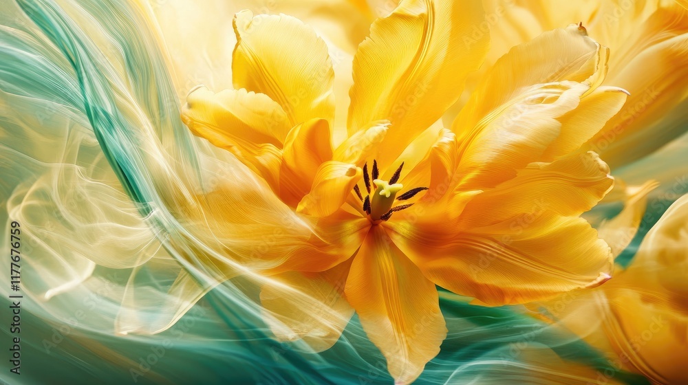 Obraz premium Vibrant yellow tulip blossom with soft flowing background showcasing elegance and beauty in floral arrangements and nature photography.
