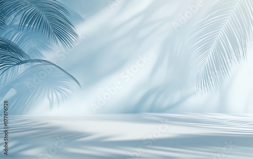 Abstract light blue summer  background with palm shadows on the wall