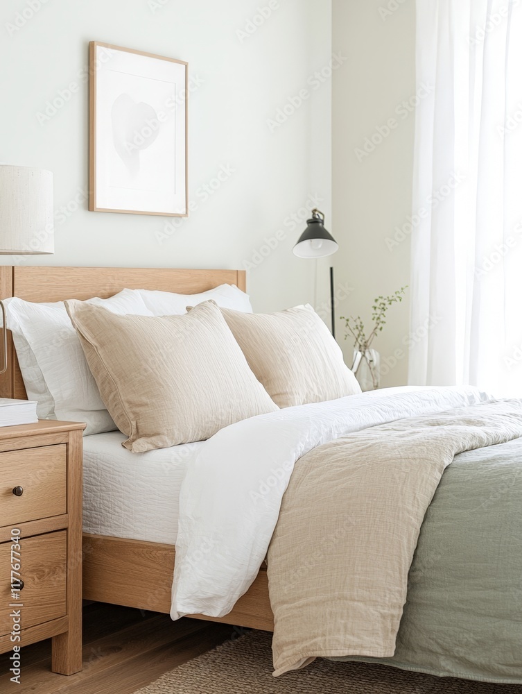 A bright serene minimalist bedroom with natural light A bright serene minimalist bedroom with natural light