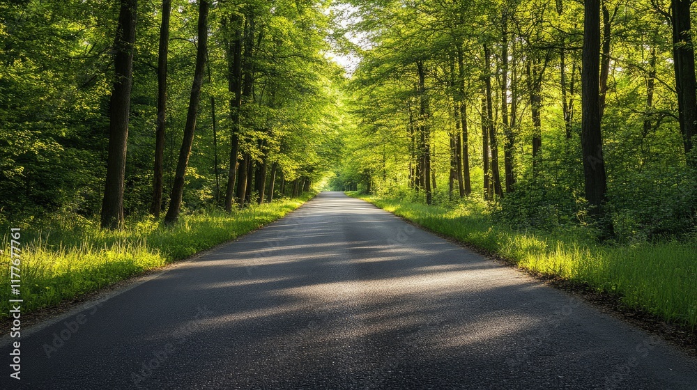 Serene Asphalt Road Surrounded by Lush Green Trees in a Sunlit Forest Setting Serene Asphalt Road Surrounded by Lush Green Trees in a Sunlit Forest Setting