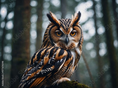 Close-up of a majestic owl with piercing eyes and detailed feathers. Perfect for wildlife photography, educational materials, conservation projects, or artistic purposes. photo