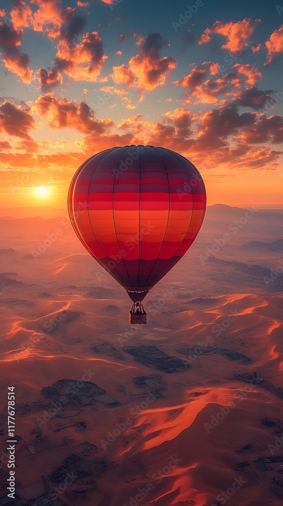 Obraz premium Serene Hot Air Balloon Drifting Through Vibrant Desert Sunset Landscape