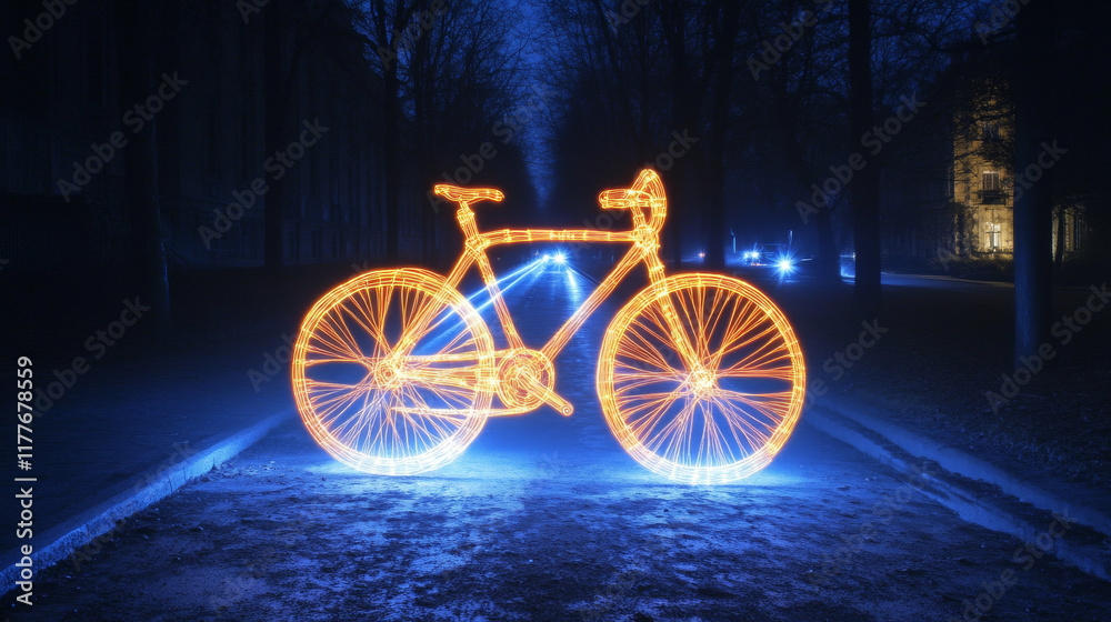 Obraz premium The hologram of bike. Holographic projection of the Bicycle. Flickering energy flux of particles.