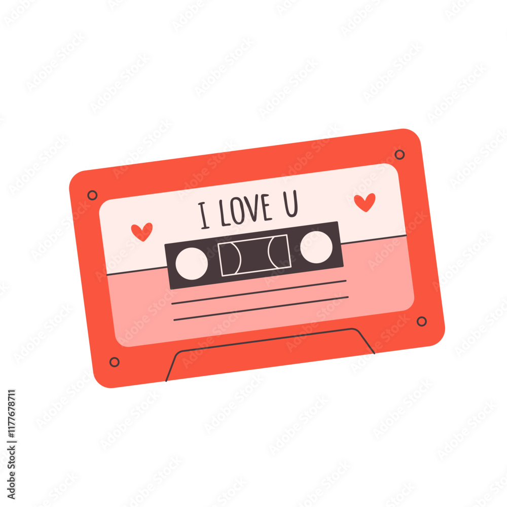 Fototapeta premium Audio cassette with love songs. Portable music device. Vector illustration in flat style
