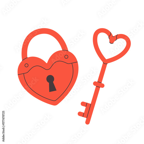 Cute heart shaped key and lock. Valentine's Day sticker. Wedding vow. Vector illustration in flat style