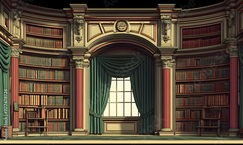 Grand classical library interior with ornate bookshelves,  a large window draped in green curtains, and architectural details.  Perfect for historical fiction, education, or luxury settings.