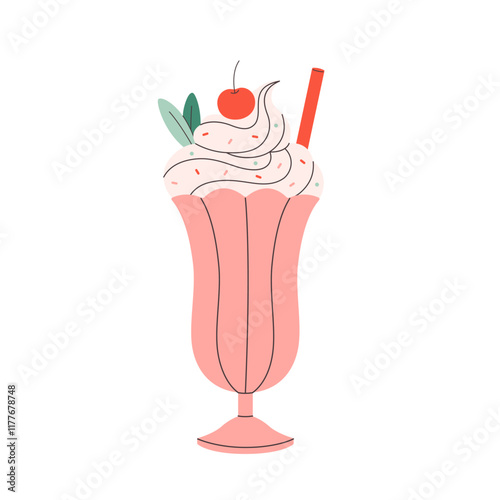 Drink with dessert in a glass with creamy topping and cherry. Perfect for celebration Valentines Day, romance and festive food. Vector illustration in flat style