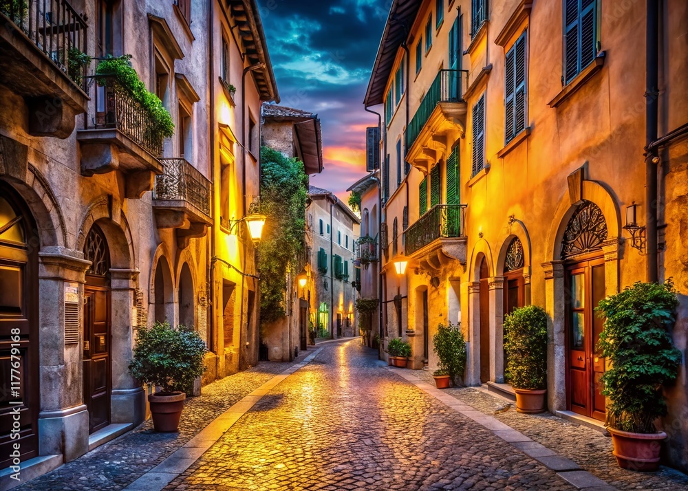 Fototapeta premium Romantic Evening Street Scene in Verona, Italy - Low Light Photography