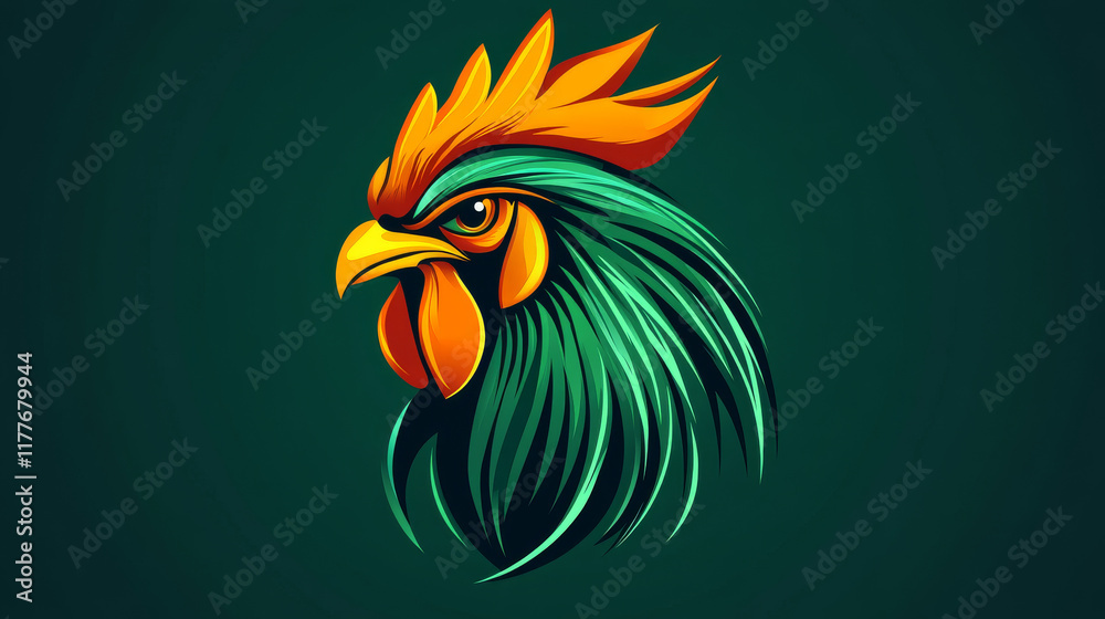 Obraz premium Vector logo cock. Brand logo in the shape of a rooster. Green style