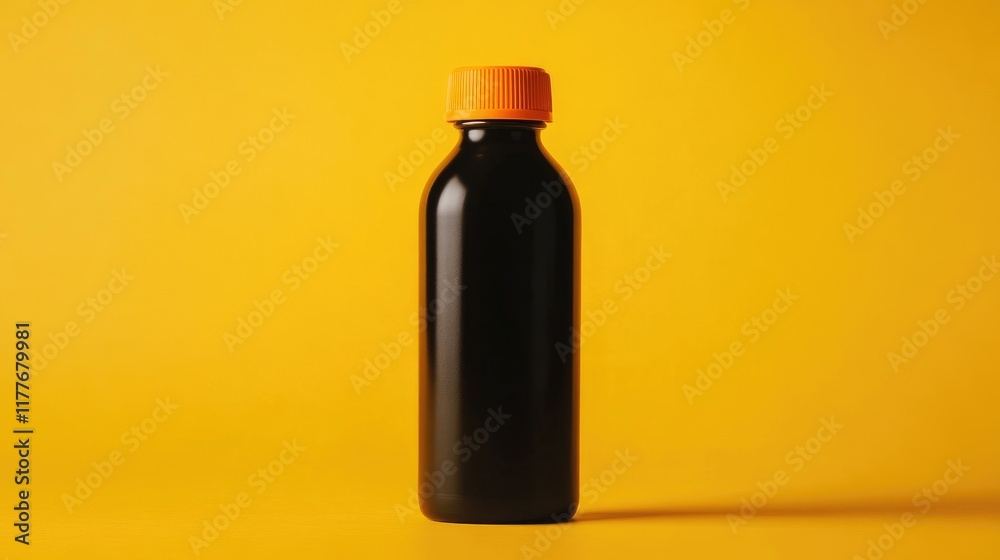 Black bottle with orange lid displayed against a vibrant yellow background. Ideal for product mockups and branding presentations. Black bottle with orange lid displayed against a vibrant yellow background. Ideal for product mockups and branding presentations.