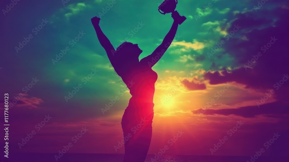 Silhouette of a Triumphant Woman Holding a Trophy Against a Vibrant Sunset with Striking hues of Orange, Purple, and Blue in the Background Silhouette of a Triumphant Woman Holding a Trophy Against a Vibrant Sunset with Striking hues of Orange, Purple, and Blue in the Background