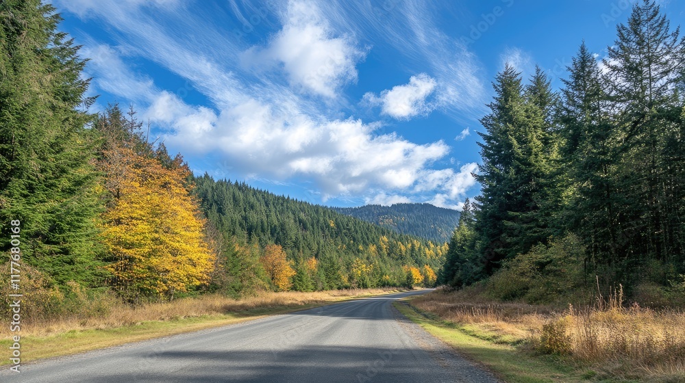 Fototapeta premium Scenic asphalt road surrounded by vibrant trees with clear blue skies and clouds in a tranquil forest landscape