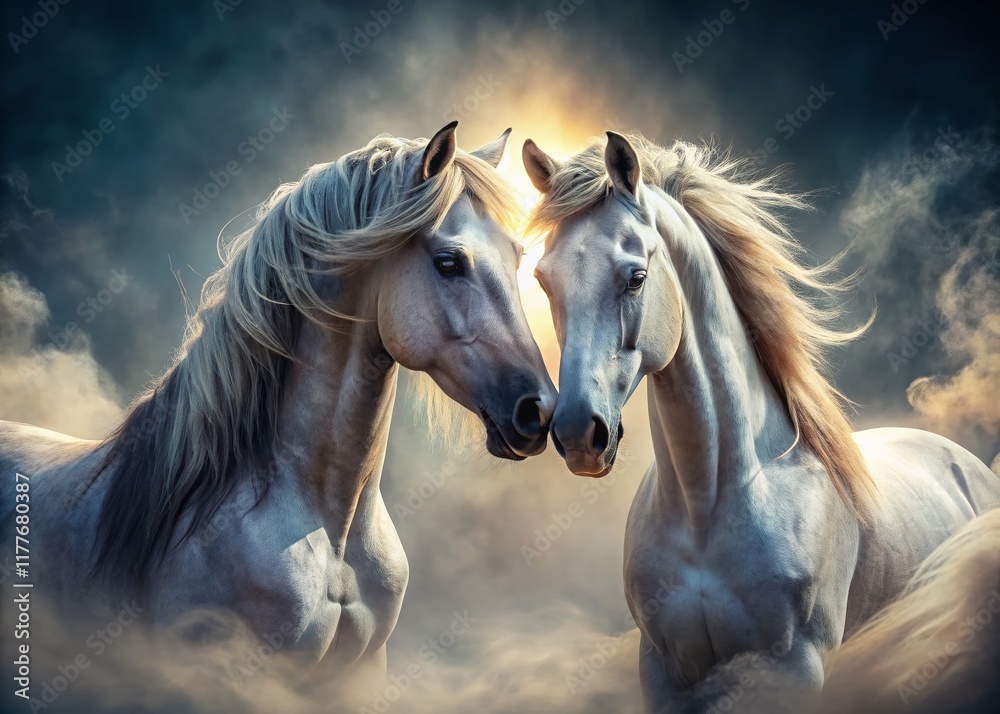 Fototapeta premium Romantic Horse Couple: Majestic Stallions in a Passionate Embrace