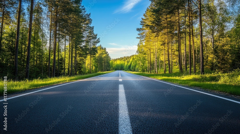 Fototapeta premium Asphalt Road Cutting Through Lush Forest Landscape Under Clear Blue Sky in Serene Rural Setting