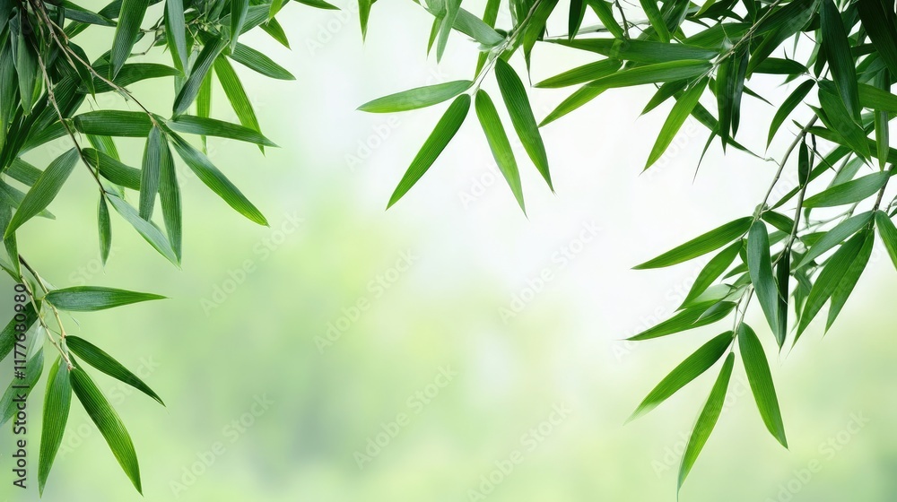 Fototapeta premium Bamboo leaves frame soft green background creating a serene nature border ideal for invitations and eco-friendly designs