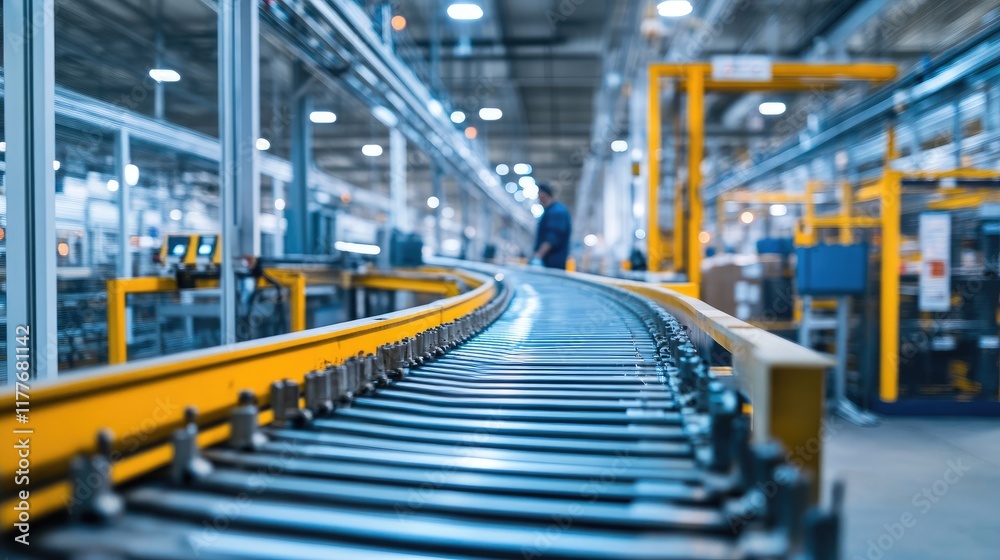 Automated conveyor belt in modern factory with industrial worker overseeing assembly line process Automated conveyor belt in modern factory with industrial worker overseeing assembly line process