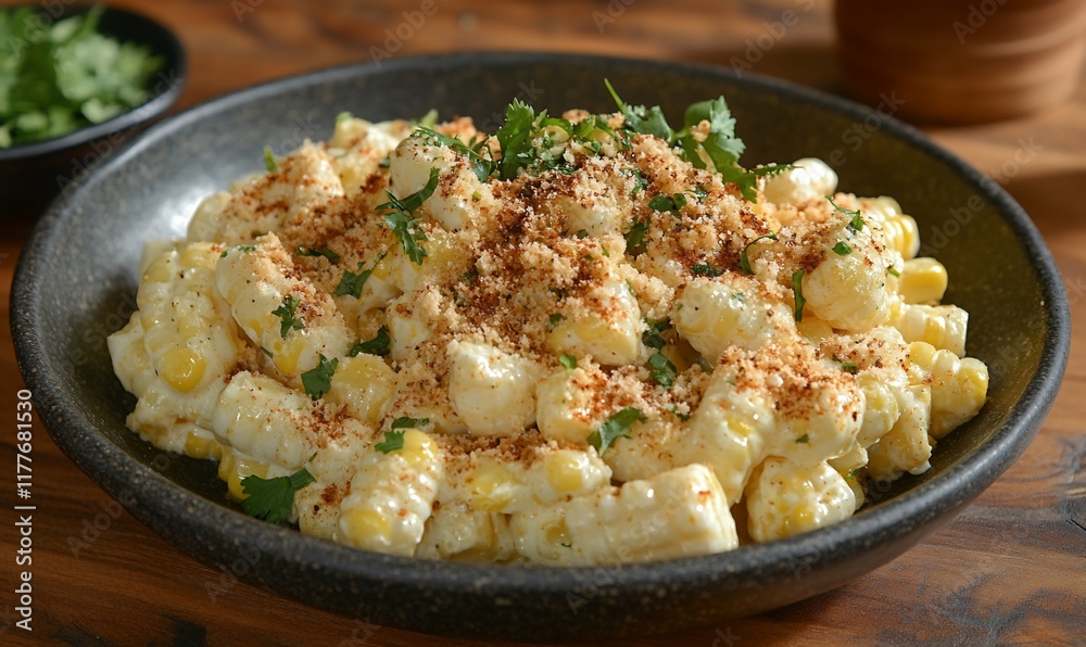 Creamy corn salad, cilantro topping, wooden table. Food photography for recipe websites Creamy corn salad, cilantro topping, wooden table. Food photography for recipe websites