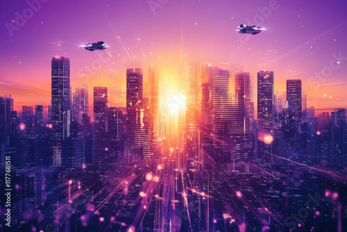 Wallpaper Mural Futuristic Cityscape with Flying Vehicles at Sunset Torontodigital.ca