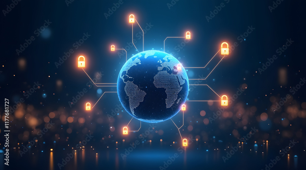 A glowing globe surrounded by floating padlocks and shields, representing global cybersecurity A glowing globe surrounded by floating padlocks and shields, representing global cybersecurity