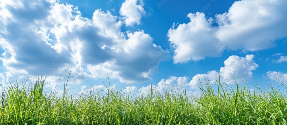 Obraz premium Scenic wilderness landscape featuring lush green grass and bright blue sky with fluffy clouds ideal for nature-themed backgrounds and promotions