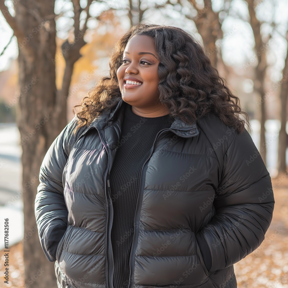 A joyful woman wearing a puffer jacket smiling in an outdoor autumn setting, radiating happiness and warmth. A joyful woman wearing a puffer jacket smiling in an outdoor autumn setting, radiating happiness and warmth.
